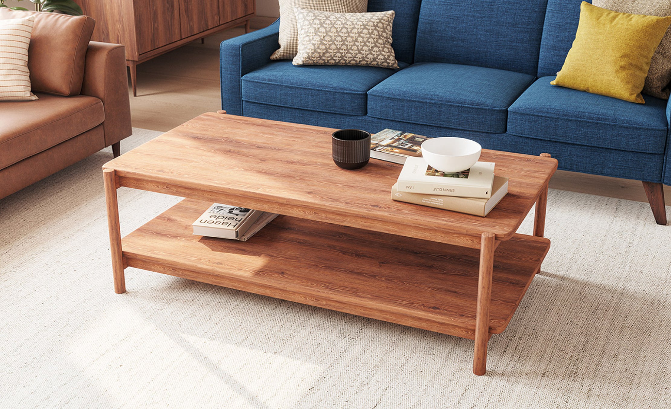 G: Iris Rectangular Coffee Table in walnut wood with Zavis Sofa in Melton Raven fabric + Lulu & Judge Throw Pillows