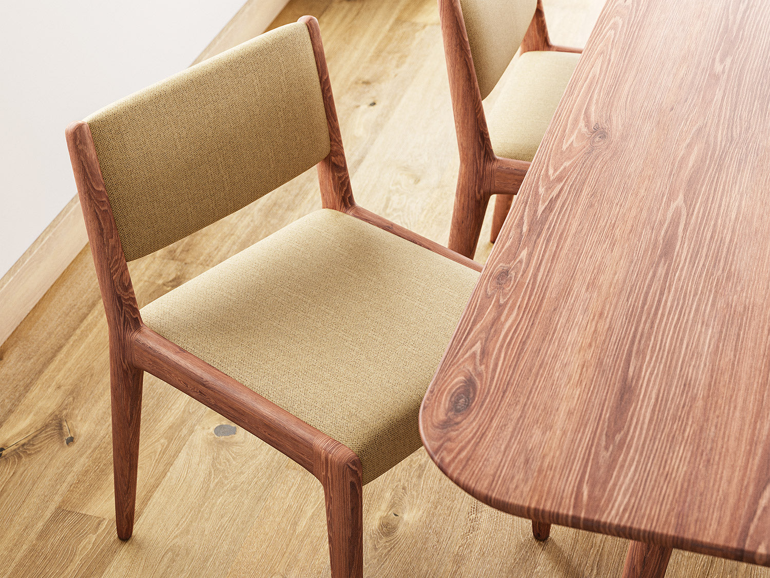 G: Low back version in walnut wood and Smart Wheat fabric with the Voya Rectangular Dining Table in walnut wood