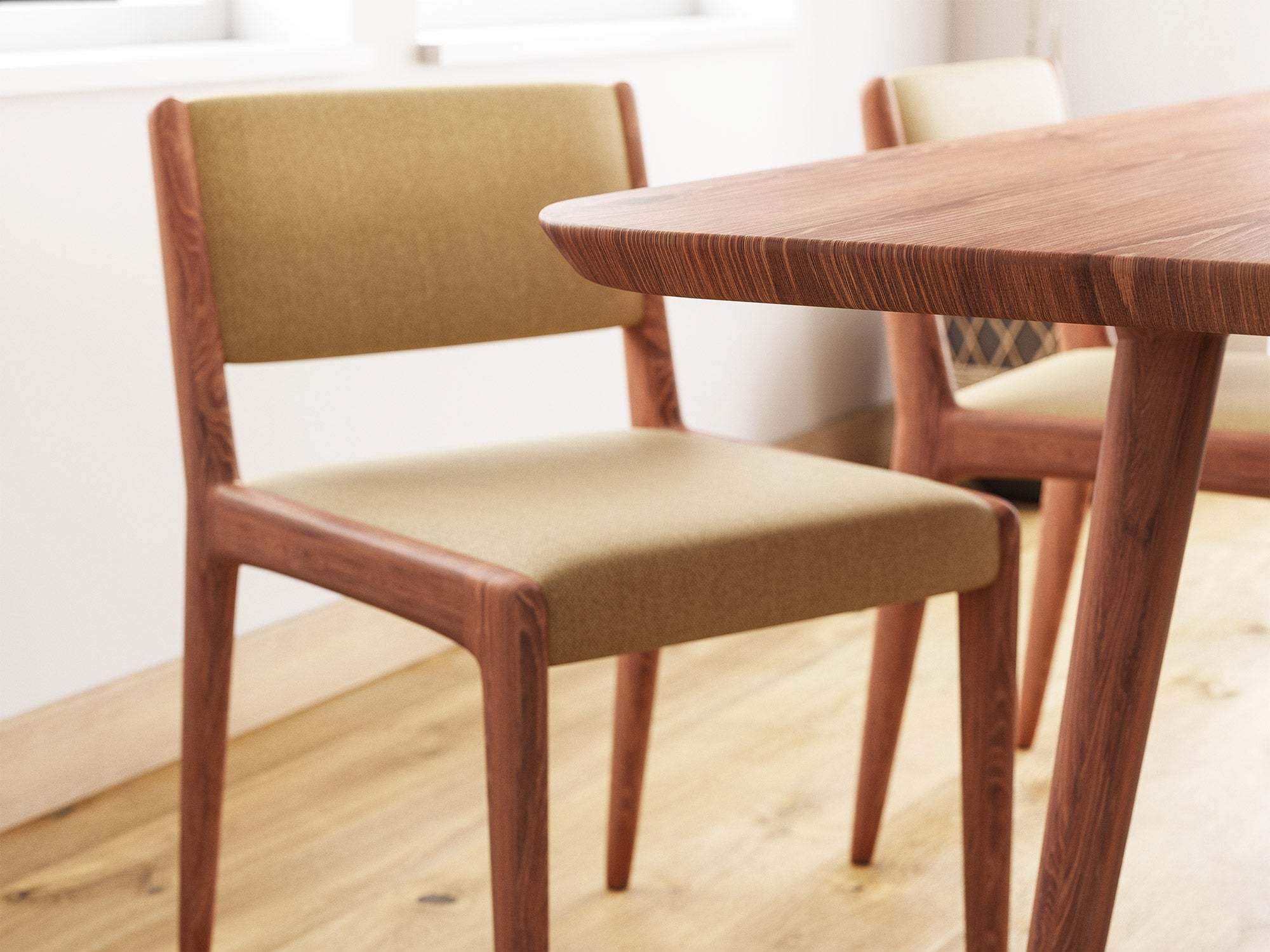 G: Shown in walnut wood with the Jasmi Dining Chair in walnut and Smart Wheat fabric