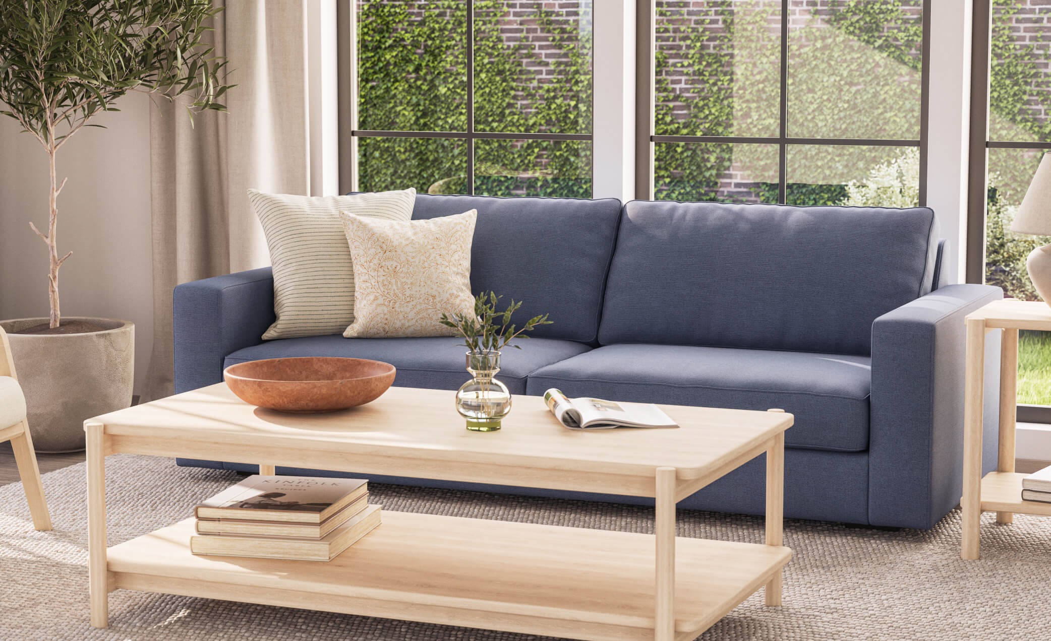 G: Iris Rectangular Coffee Table in Maple with Rio Sofa in Texture French Blue fabric