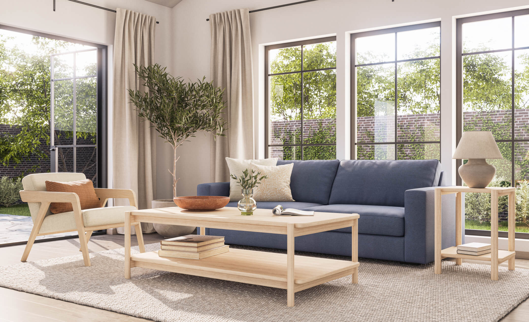 IRL: Shown in Maple wood and Deluxe Nougat fabric, shown with Iris Rectangular Coffee Table in Maple with Rio Sofa in Texture French Blue fabric