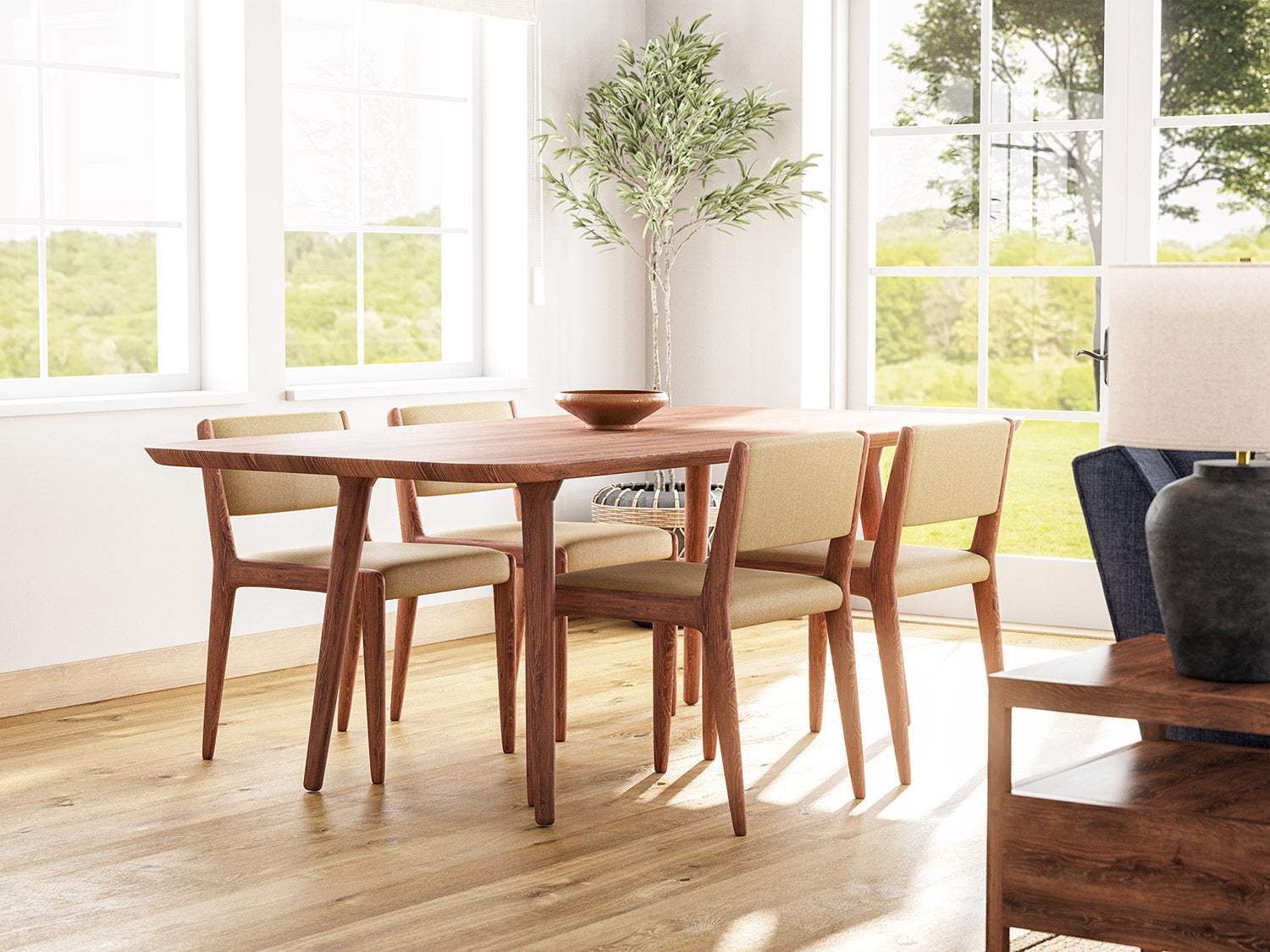 G: Low back version in walnut wood and Smart Wheat fabric with the Voya Rectangular Dining Table in walnut wood