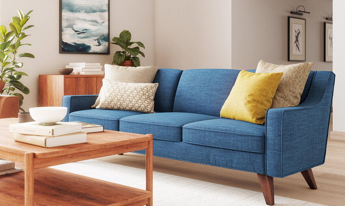 IRL: Zavis Sofa in Mahonia Denim fabric with Lulu & Judge Throw Pillows