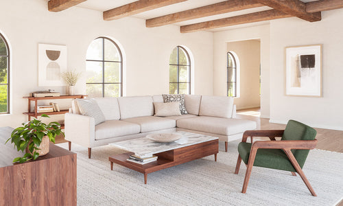 IRL: Lala Bumper Right Sectional in Larkspur Pearl fabric and Thom Cafe Leg,  shown with Sino Coffee Table, Burr Chair, and Iris Shelf