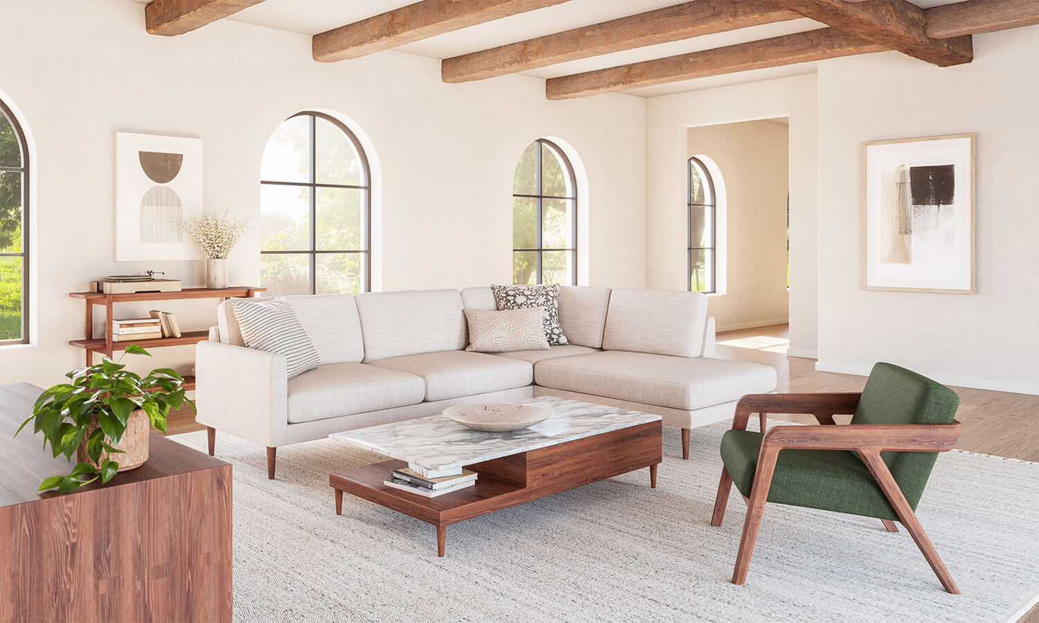 IRL: Shown in Walnut wood with Lala Bumper Sectionall, Sino Coffee Table, and Burr Chair