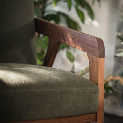 Tuolumne Deep forest fabric on Burr Chair in Walnut