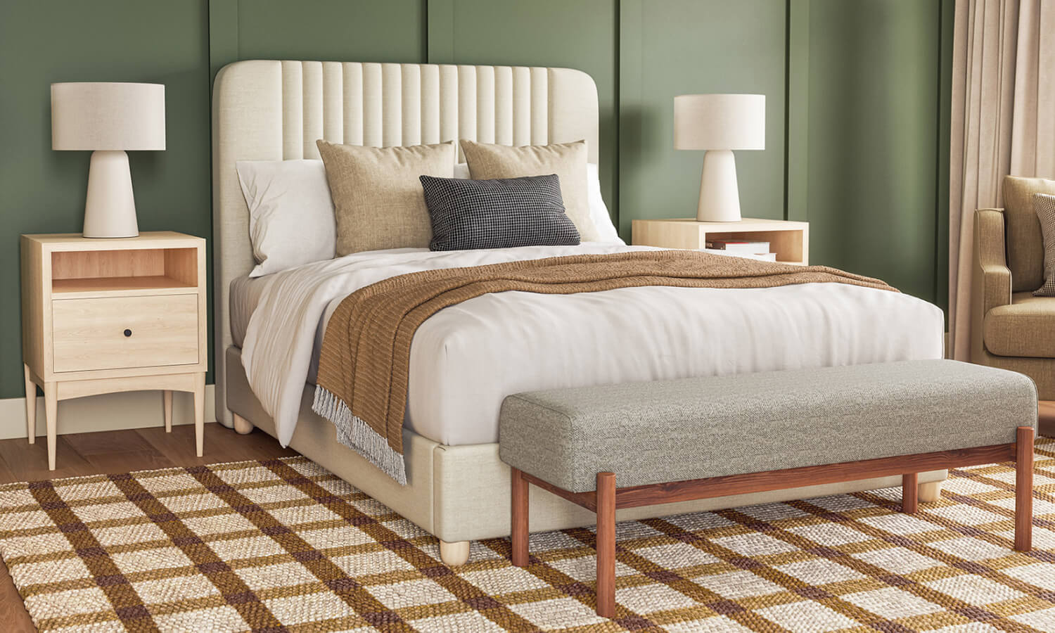 G: Pippen Bed in Deluxe Nougat fabric, Paloma Bench in Melton Feather fabric, Medley Throw Pillows, and Atten Nightstands