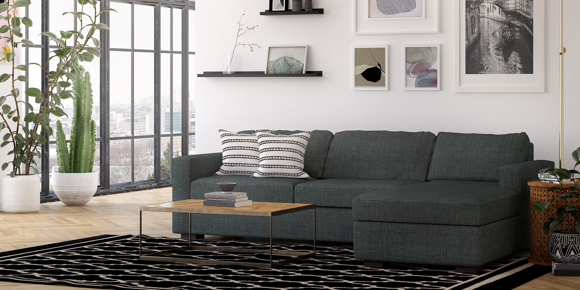 IRL: Rio Chaise Right Queen Sleeper Sectional, shown here in Macarena Smoke fabric and Dave Cafe legs.