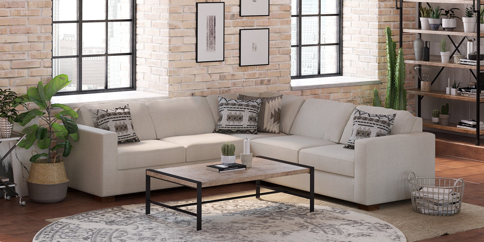IRL: Rio Corner Queen Sleeper Sectional, shown here in Texture Oyster fabric and Dave Cafe legs.